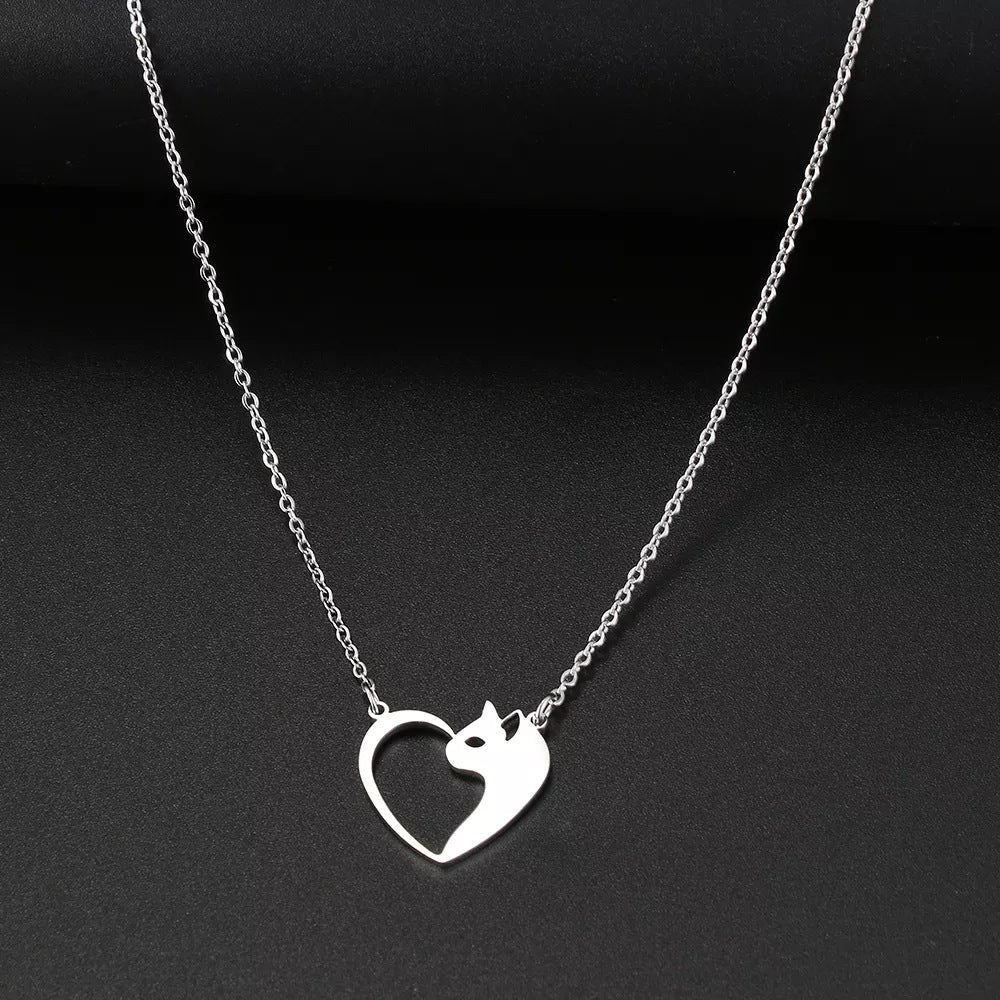 Women's Fashion Jewelry Stainless Steel Necklaces Heart Cat Hollow Pendant Choker Clavicle Chain Charm Fashion Necklaces For Women Jewelry Girls Gifts