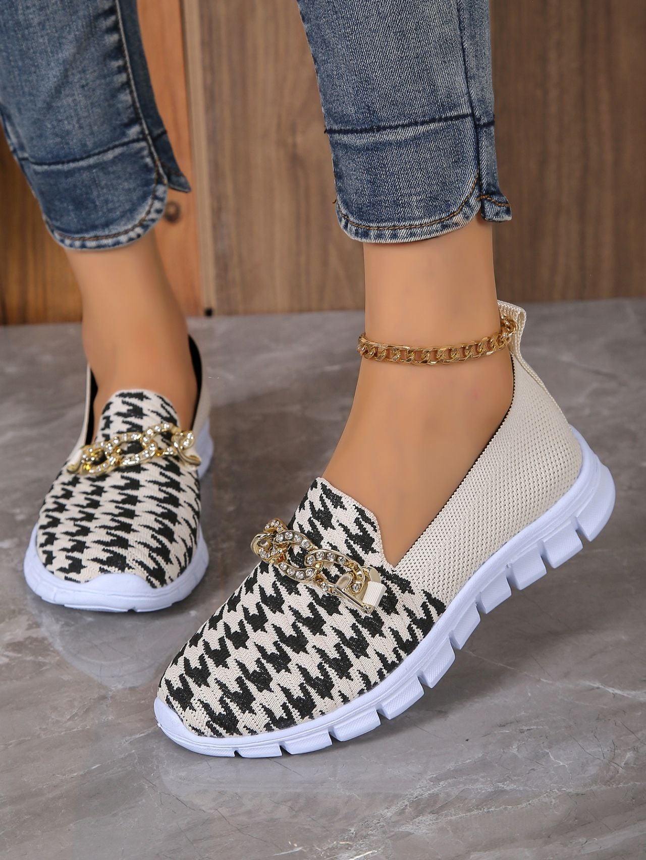 Casual Houndstooth Print Chain Mesh Shoes Summer Walking Sports Flat Shoes Women Breathable Loafers
