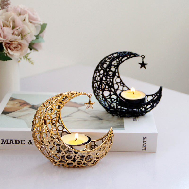 Light Luxury Crescent Moon Star Moon Black Gold Metal Candle Holder Modern Romantic Wedding Christmas Candle Cup Home Decor