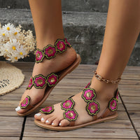 Ethnic Style Flowers Flat Sandals Summer Vacation Casual Clip Toe Beach Shoes For Women