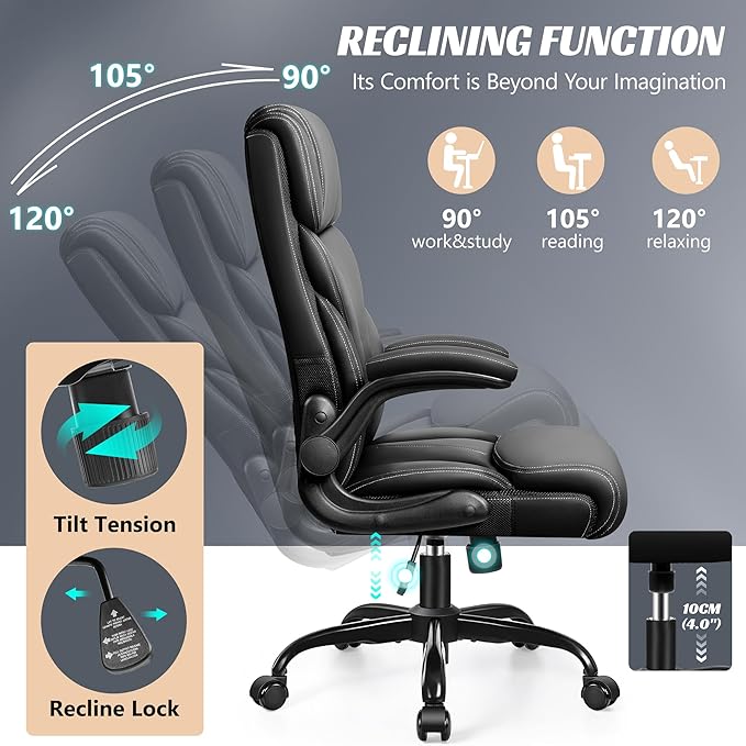 Office Chair, Ergonomic Big And Tall Computer Desk Chairs, Executive Breathable Leather Chair With Adjustable High Back Flip-up Armrests, Lumbar Support Swivel PC Chair With Rocking Function