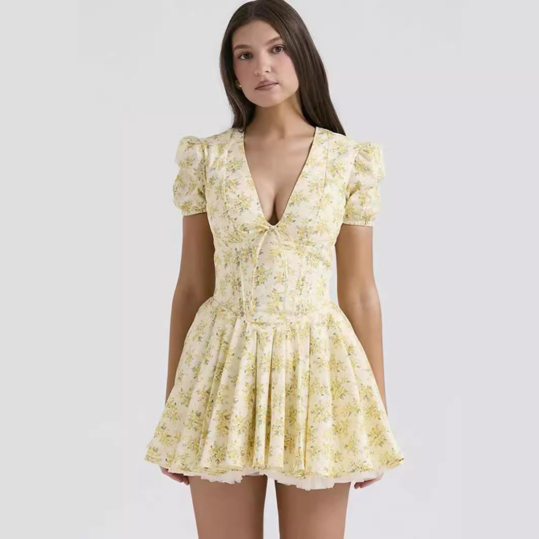 V-neck Puff Sleeve Dress Yellow Flowers Print French Style Sweet Pleated Dresses Womens Clothing