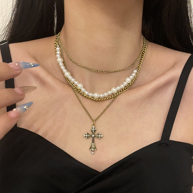 Fashion Personalized Multi-Layered Pearl Cross Pendant Necklace Clavicle Chain For Women Temperament Jewelry Accessories Gifts