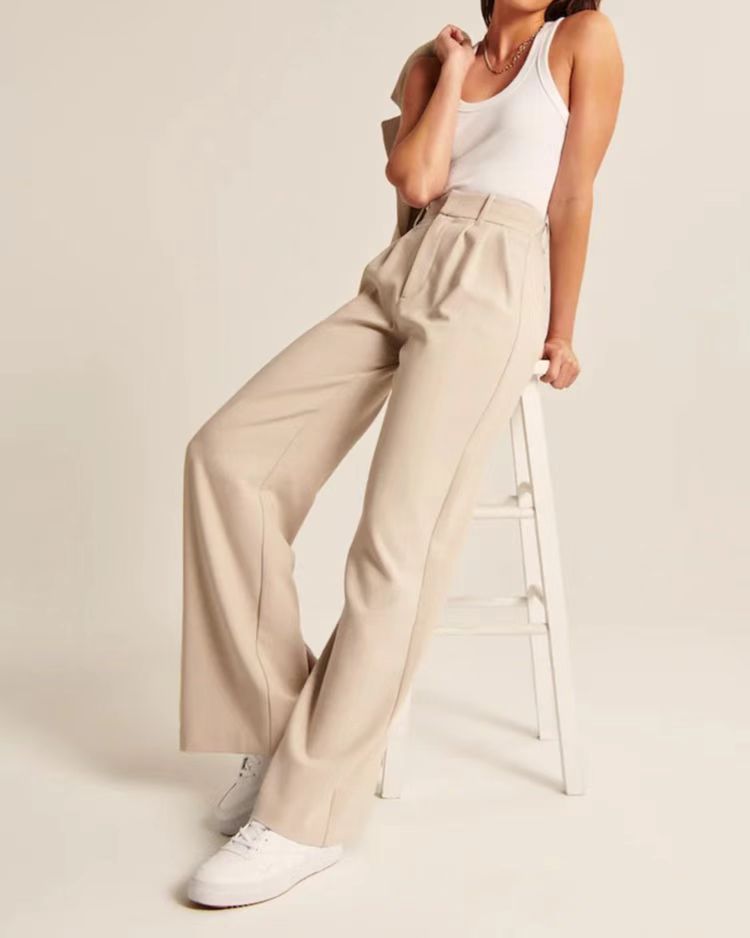 High Waist Straight Trousers With Pockets Wide Leg Casual Pants For Women