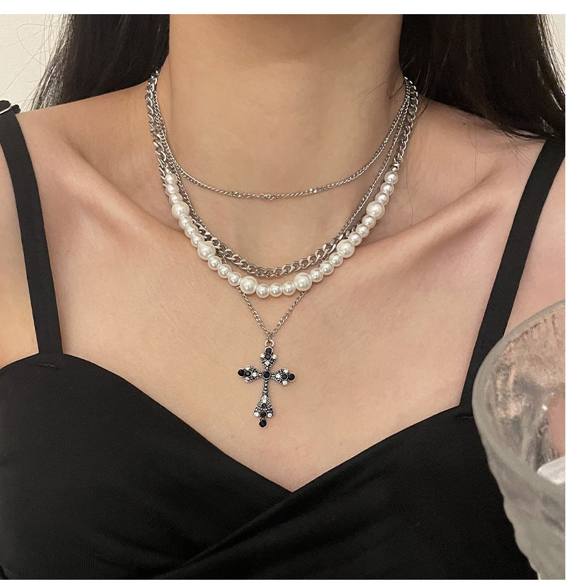 Fashion Personalized Multi-Layered Pearl Cross Pendant Necklace Clavicle Chain For Women Temperament Jewelry Accessories Gifts