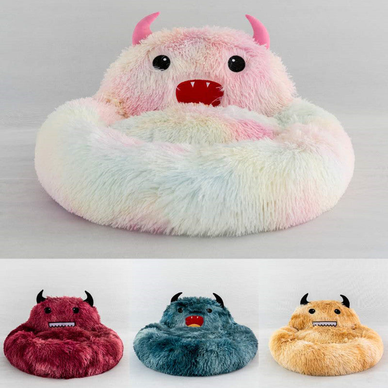 Cute Round Cat Bed Soft Long Plush Cartoon Animal Embroidery Nest Winter Warm Sleeping Mat