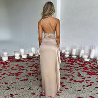 Sexy One-shoulder Backless Split Dress Summer Elegant Slim-fit Solid Color Satin Dresses For Women