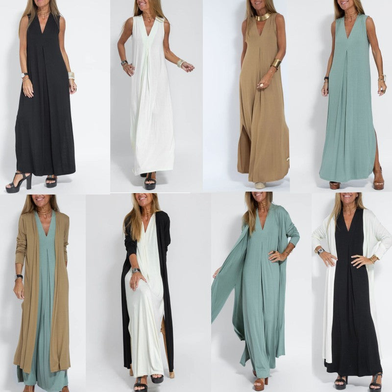 New Solid Color V-neck Sleeveless Dress Long Cardigan Jacket Suit For Women