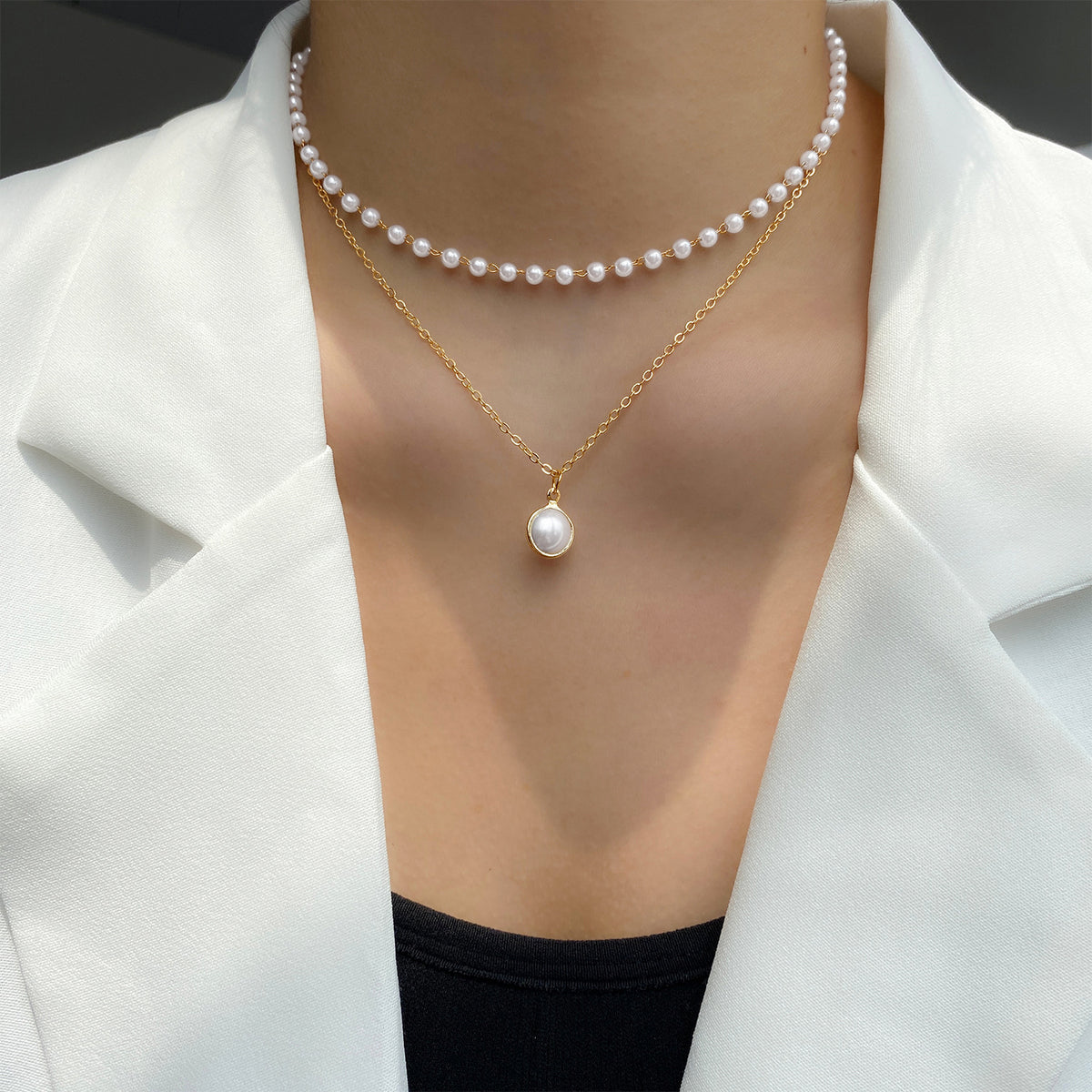 Fashion Jewelry Women's Pearl Tassel Pendant Double-layer Necklace Gold Pearl Necklace For Women