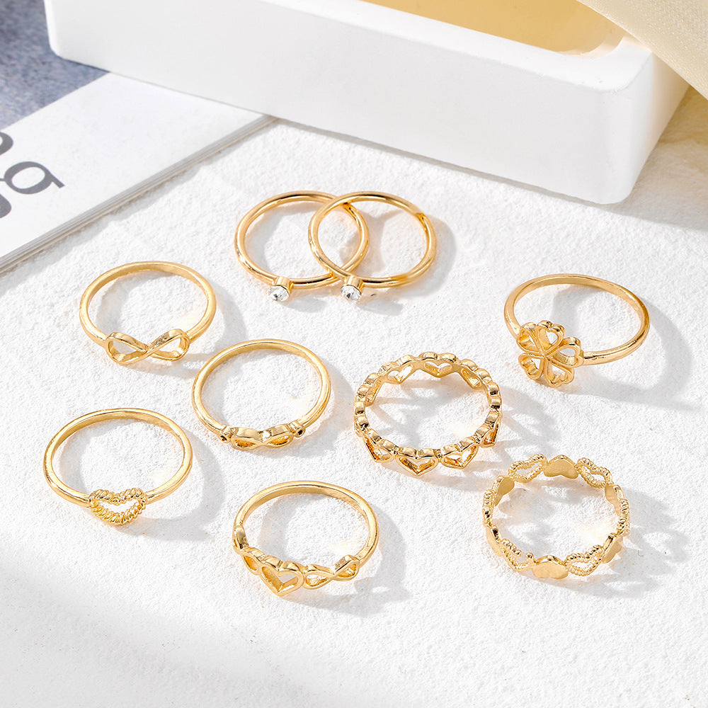 Gold Color Heart Rings 9pcs Sets For Women Vintage Hollow Irregular Geometric Butterfly Finger Rings Fashion Jewelry Accessories Gif