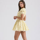 V-neck Puff Sleeve Dress Yellow Flowers Print French Style Sweet Pleated Dresses Womens Clothing