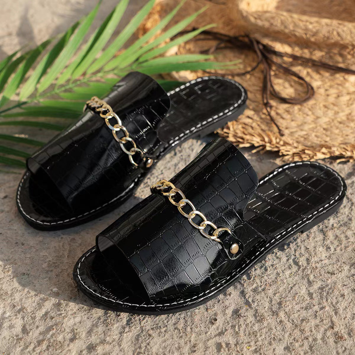 Pattern Chains Sandals Summer Fish Mouth Flat Slides Shoes Women Casual Vacation Beach Slippers