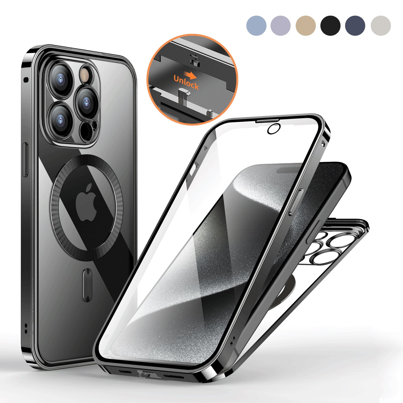 Anti-Privacy Metal Buckle Magnetic Support Wireless Charging Double-Sided Lens Full Cover Phone Case Protective Cover