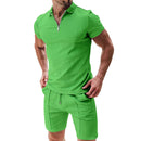 2Pcs Casual Waffle Suit Summer Zipper Lapel Short-sleeved Top And Drawstring Pockets Shorts Versatile Solid Color T-shirt Set For Mens Clothing