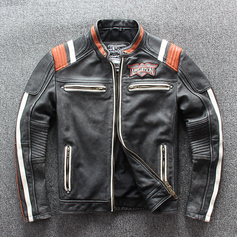 Top Layer Cowhide Distressed Stand Collar Slim Fit Embroidered Motorcycle Suit Leather Jacket Jacket