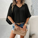 V-neck Bat Sleeve Short-sleeved T-shirt Top Summer Casual Loose Hollow Sweater Fashion Womens Clothing