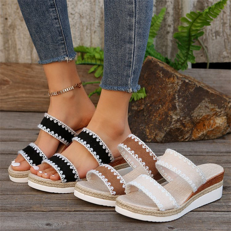 New Hemp Rope Woven Wedge Slippers Summer Ethnic Style Sandals Double Wide Strappy Shoes For Women