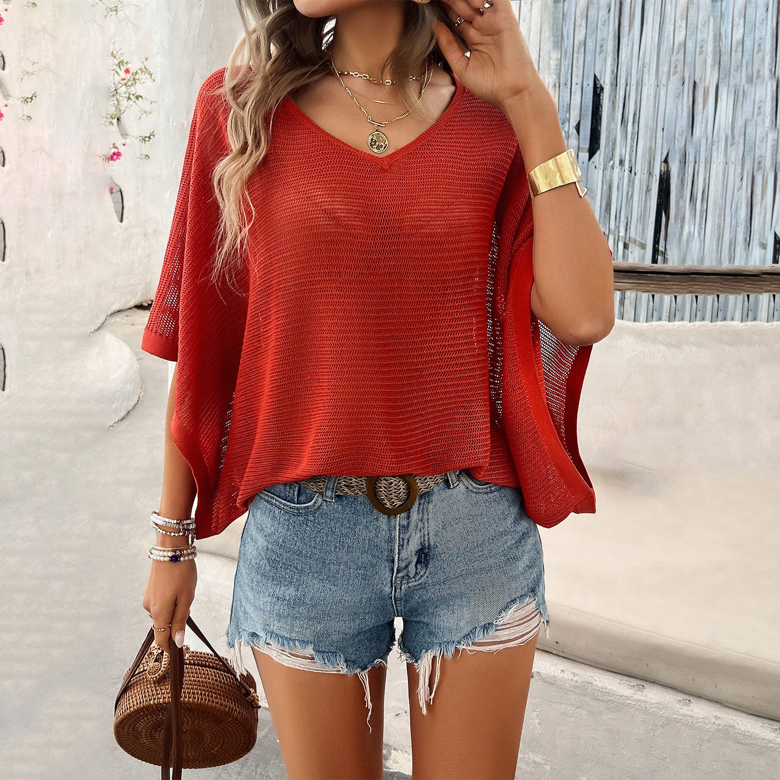V-neck Bat Sleeve Short-sleeved T-shirt Top Summer Casual Loose Hollow Sweater Fashion Womens Clothing