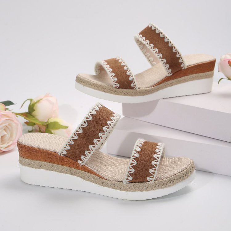 New Hemp Rope Woven Wedge Slippers Summer Ethnic Style Sandals Double Wide Strappy Shoes For Women