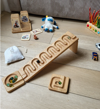 Gift for kids wooden marble run race marble machine winding track set wooden ball run for child marble maze roller marble track birthday