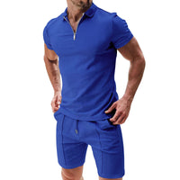 2Pcs Casual Waffle Suit Summer Zipper Lapel Short-sleeved Top And Drawstring Pockets Shorts Versatile Solid Color T-shirt Set For Mens Clothing