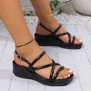 Summer Roman Sandals For Women Versatile Open-toe Thick-soled Beach Shoes Retro Cross-strap Wedges Sandals